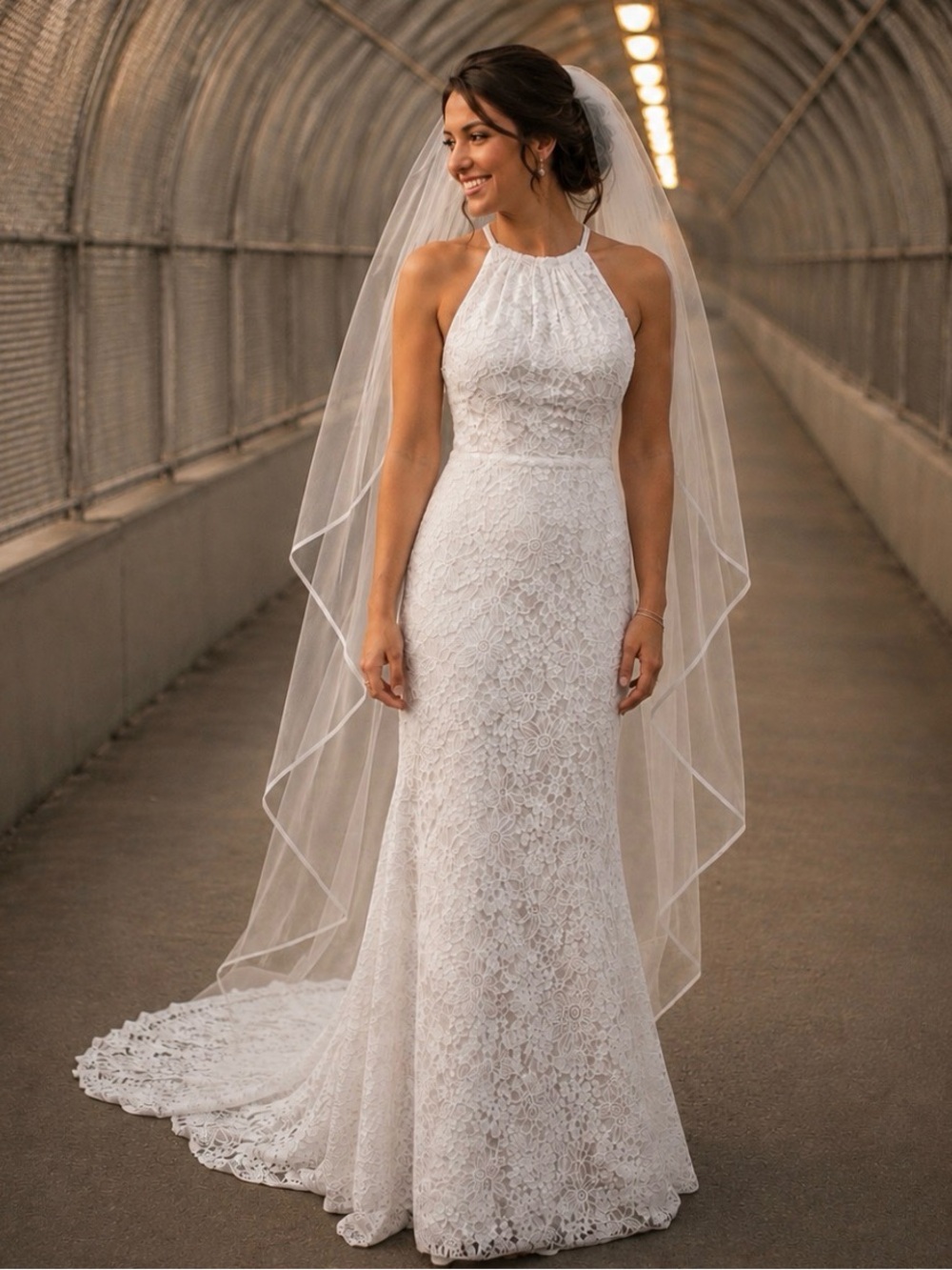 Elegant Ivory Lace Halter Wedding Dress